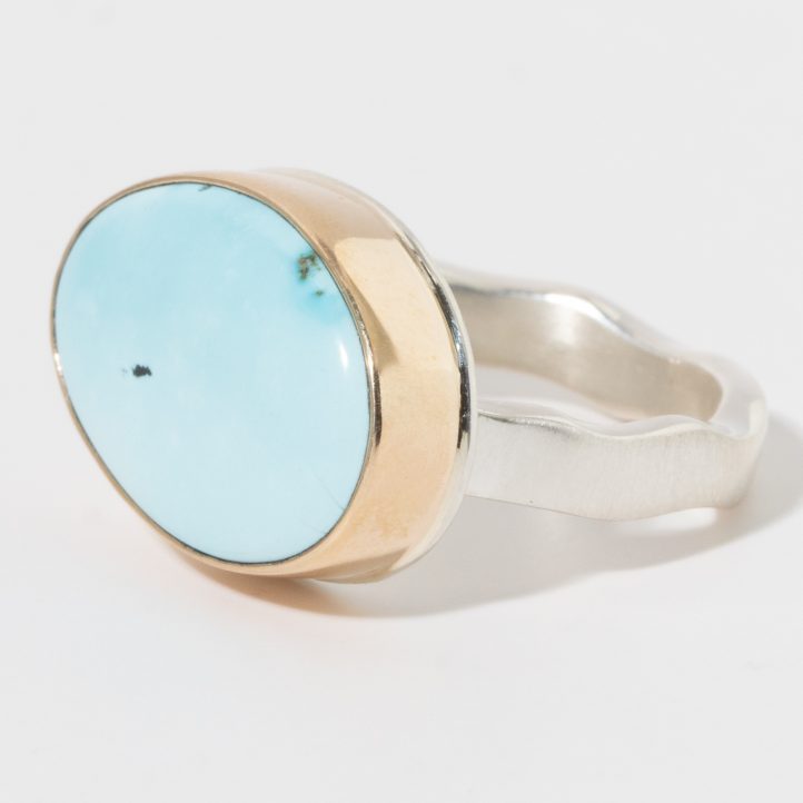 Jamie Joseph: Sterling & 14K Gold Ring w/ Oval BLUE MOON TURQUOISE on Soft Live Edge Band 1/2" x 3/4" 7.25