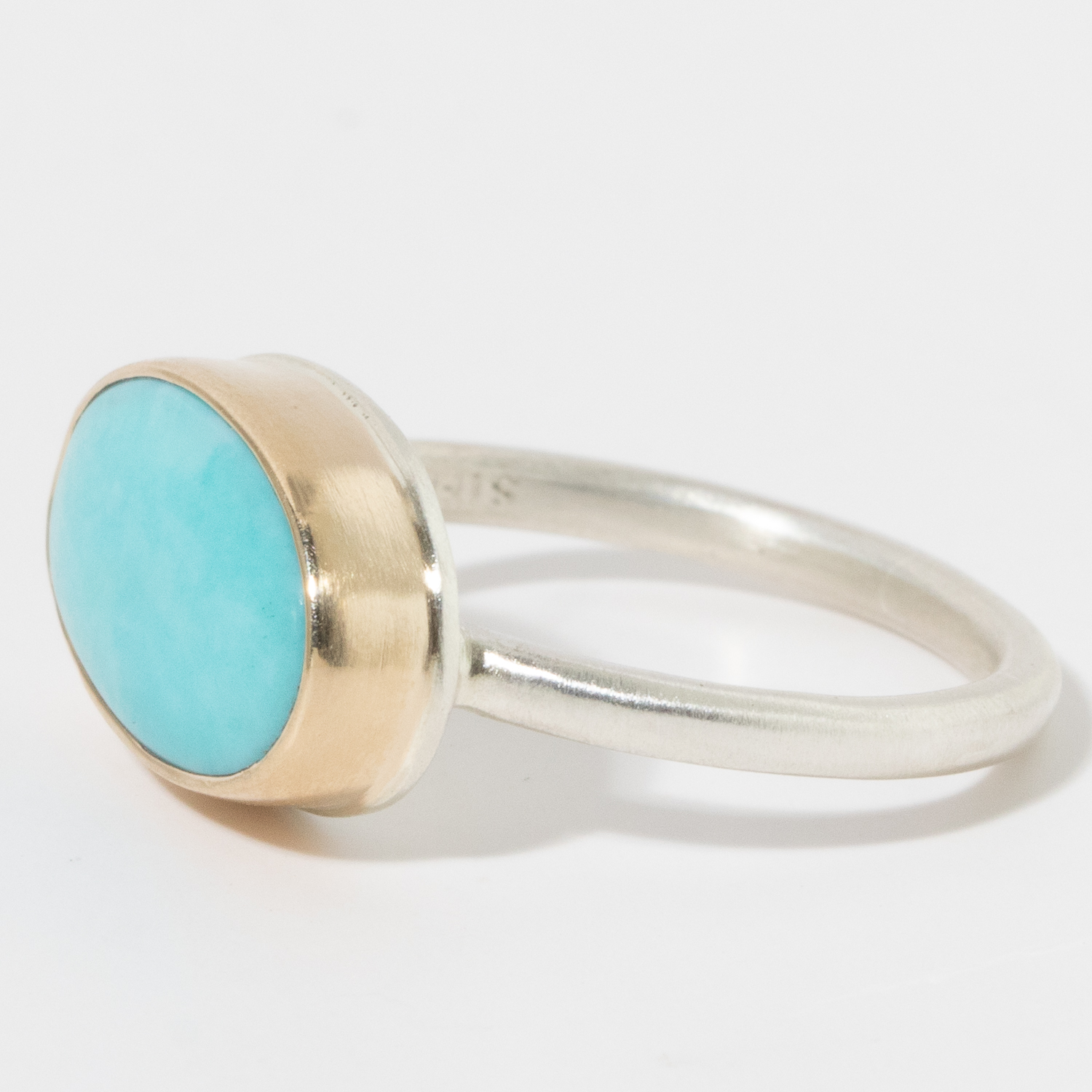 Jamie Joseph: Sterling & 14K Gold Ring w/ Oval Smooth SLEEPING BEAUTY TURQUOISE on J Band 5/16" x 9/16" 7.25