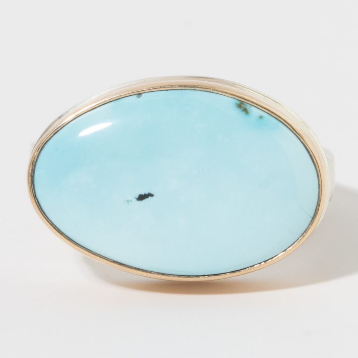 Jamie Joseph: Sterling & 14K Gold Ring w/ Oval BLUE MOON TURQUOISE on Soft Live Edge Band 1/2" x 3/4" 7.25
