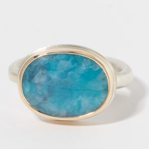 Jamie Joseph: Sterling & 14K Gold Ring w/ Oval Smooth PARIBA TOURMALINE IN QUARTZ on Egyptian Band, sz 7, 3/8" x 9/16"