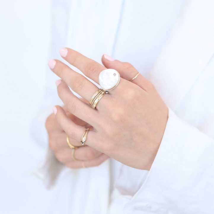 Jamie Joseph: Sterling & 14K Gold Ring, Asymmetrical Smooth MOTHER OF PEARL, .03ct Diamond, Comfort Band size 8.5 11/16" x 11/16"