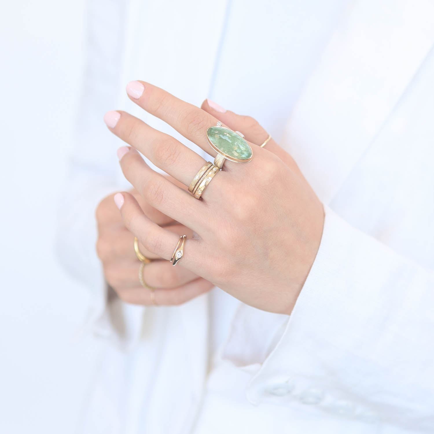 Jamie Joseph: Sterling & 14K Gold Ring, Vertical Asymmetrical Inverted GREEN BERYL, .03 CT Satellite Diamond, Comfort Band size 8, 1" x 7/16"