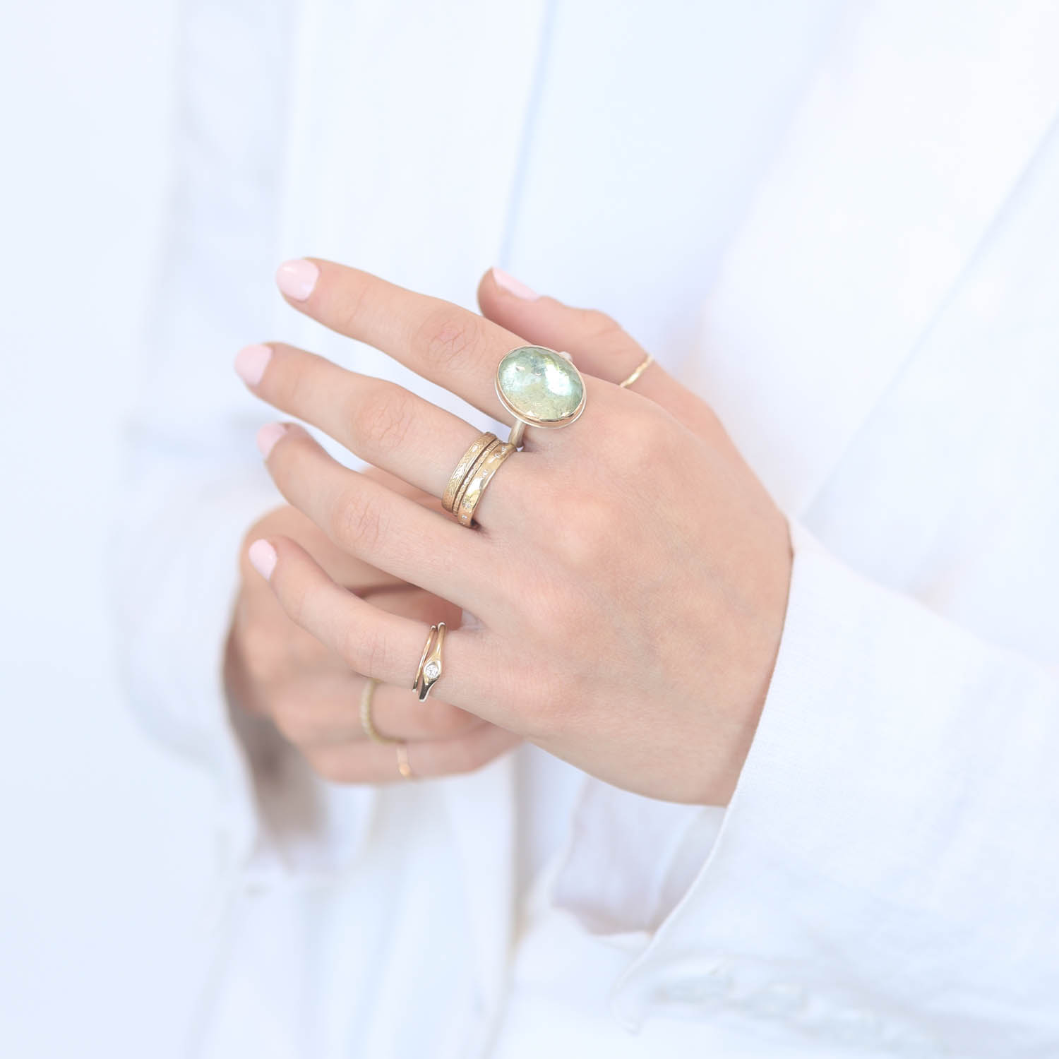 Jamie Joseph: Sterling & 14K Gold Ring, Vertical Oval Inverted GREEN TOURMALINE on Egyptian Band size 7.75, 11/16" 1/2"