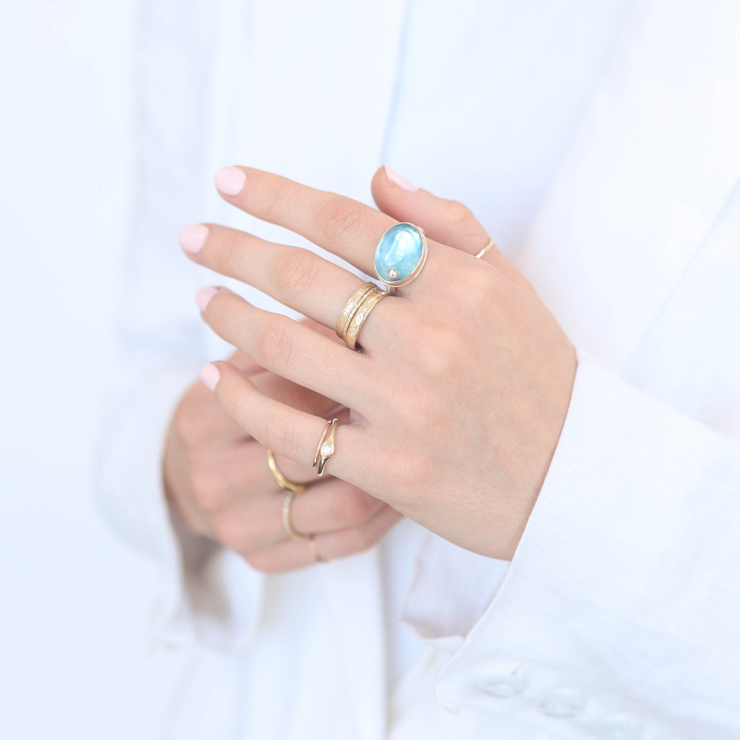 Jamie Joseph: Sterling & 14K Gold Ring, Oval Glacier Cut SKY BLUE TOPAZ, Diamond .03ct, Egyptian Band size 7, 1/2" x 11/16"