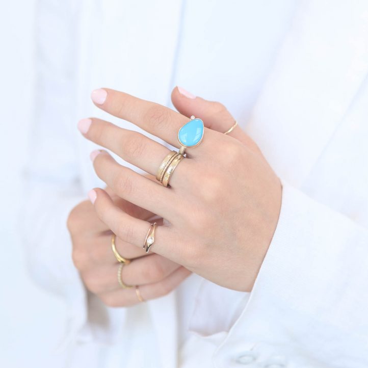 Jamie Joseph: Sterling & 14K Gold Ring, Teardroop SLEEPING BEAUTY TURQUOISE w/ Satalite Diamond, .25ct size 7.5, 7/16" x 5/8"