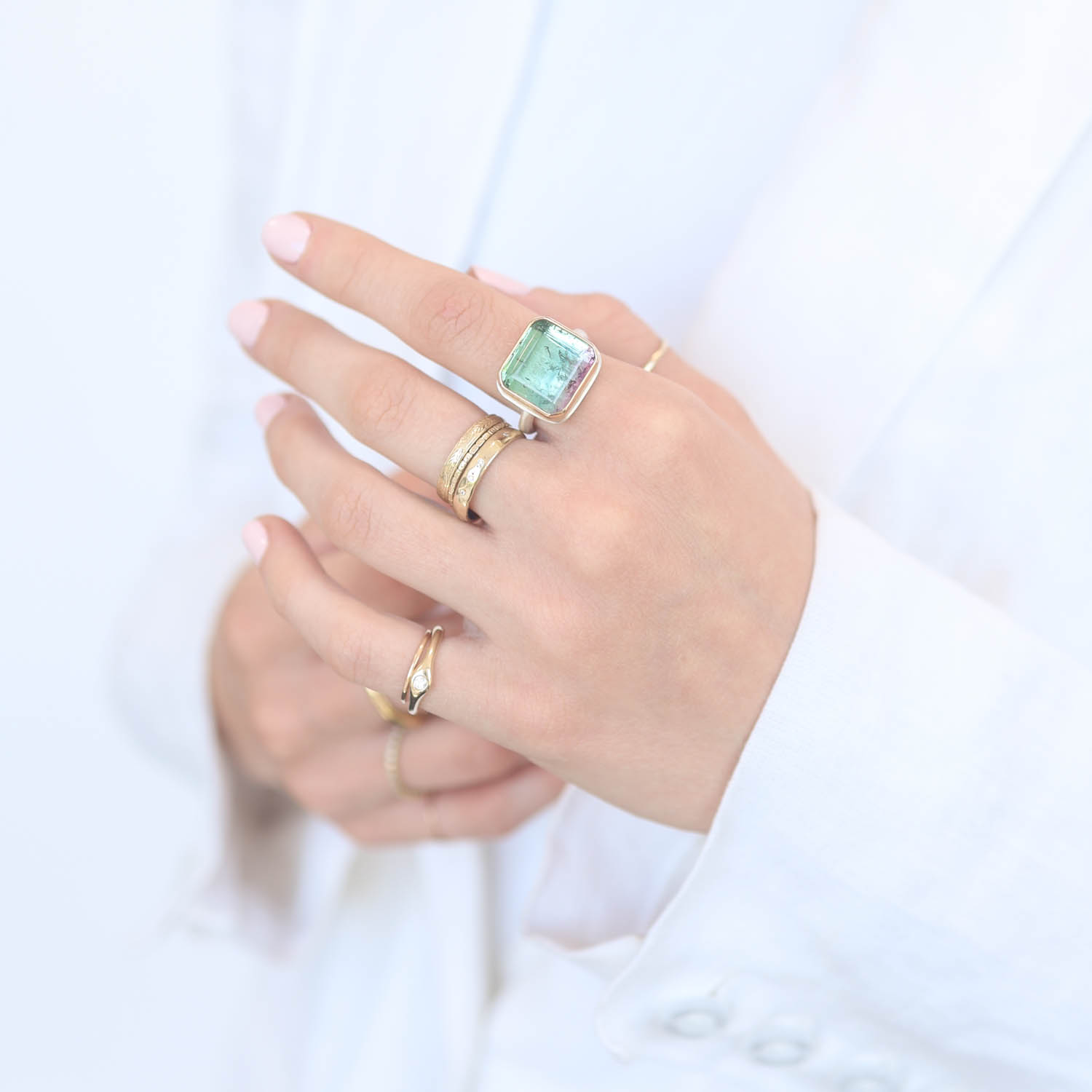 Jamie Joseph: Sterling & 14K Gold Ring w/ Rectangular Table Cut WATERMELON TOURMALINE on Egyptian Band 1/2" x 9/16" 7