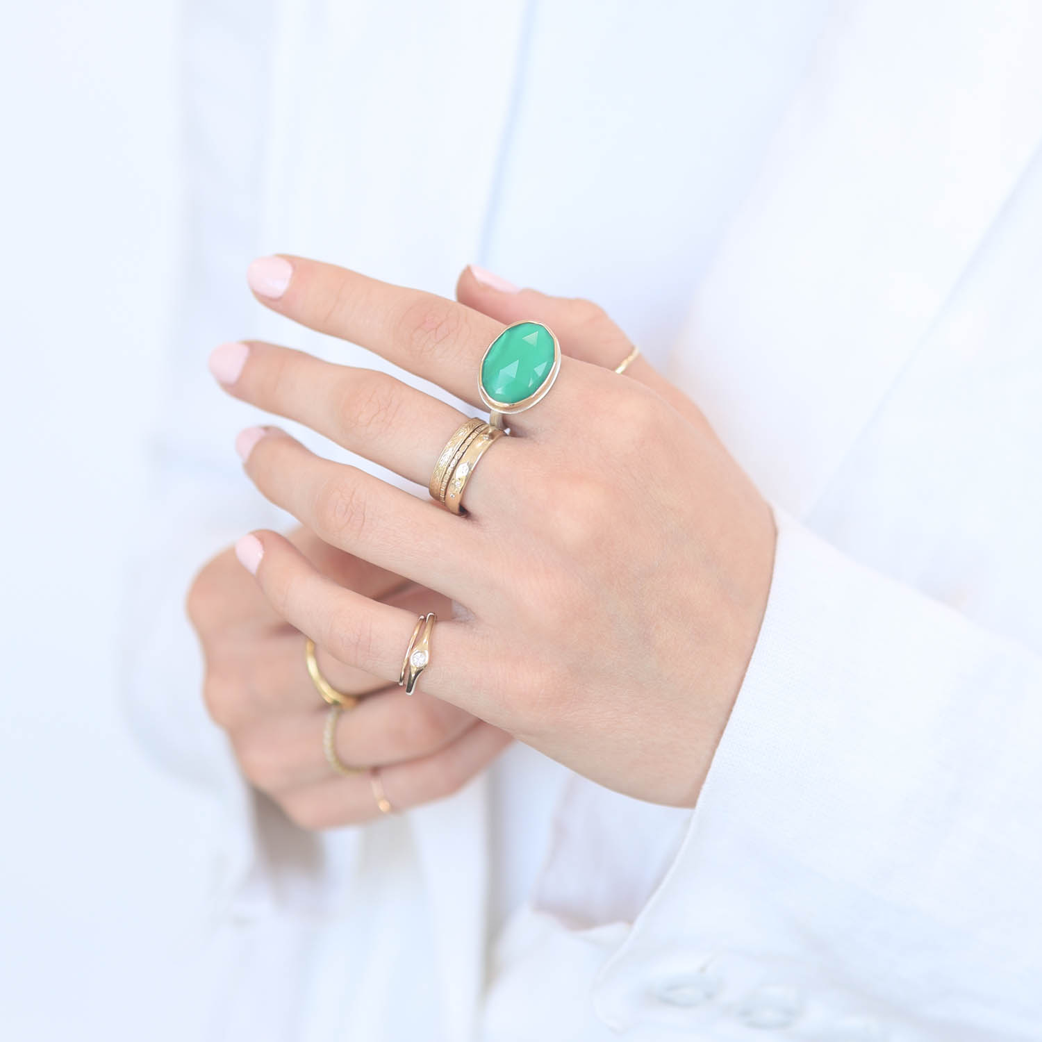 Jamie Joseph: Sterling & 14K Gold Ring, Oval Rose Cut GREEN ONYX on Egyptian Band size 7, 1/2" x 11/16"
