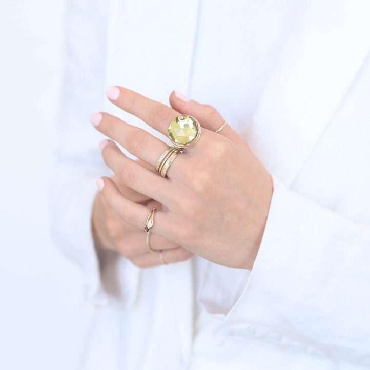 Jamie Joseph: Sterling & 14K Gold Ring, Round Rose Cut LEMON QUARTZ, .03 ct Diamond, Groovy Band size 8, 3/4" diameter