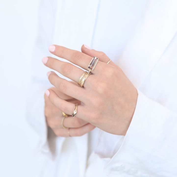 Jamie Joseph: Sterling & 14K Gold Ring w/ Small Rectangular Inverted PINK TOURMALINE on J Band 3/16" x 9/16" 6.5