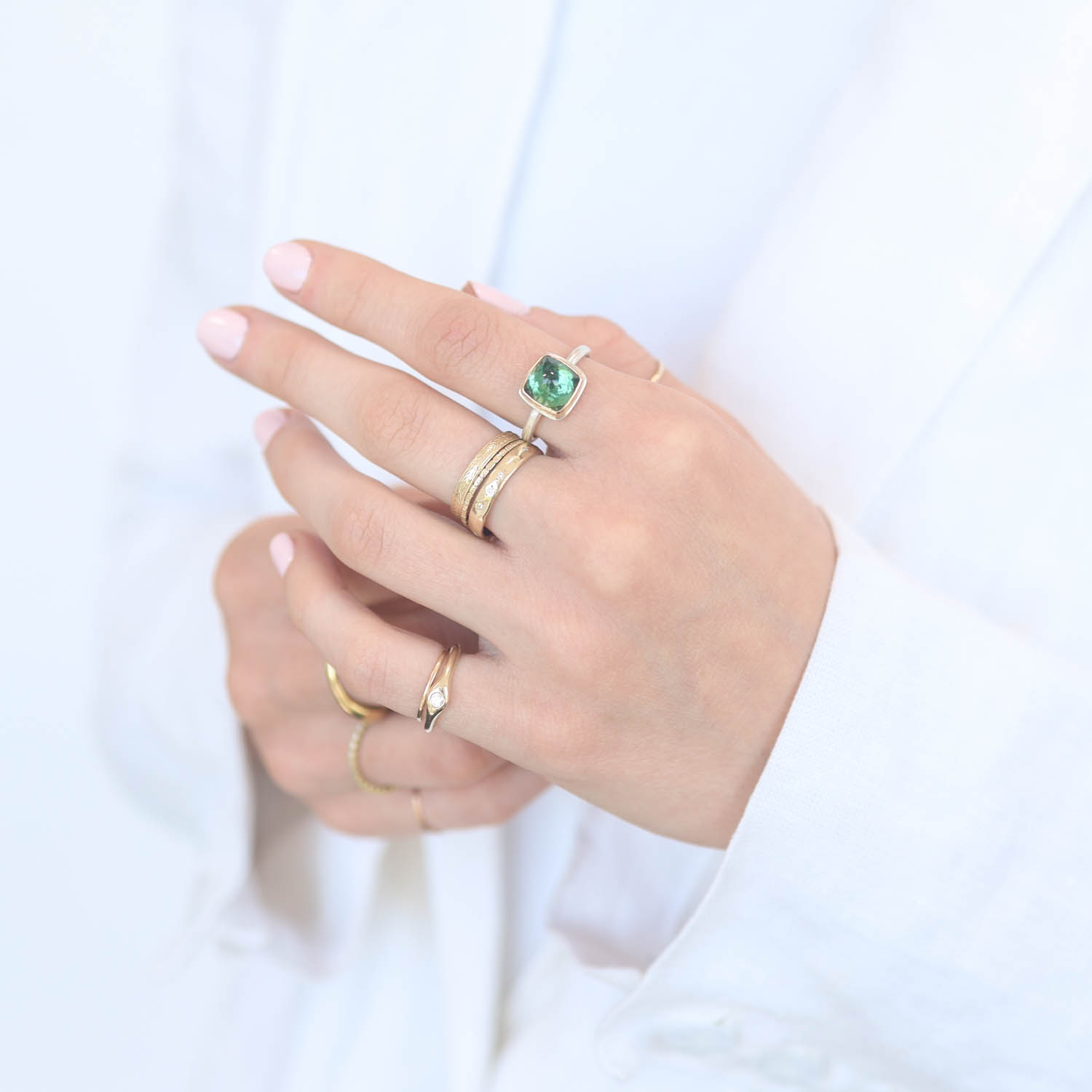 Jamie Joseph: Sterling & 14K Gold Ring, Small Inverted GREEN TOURMALINE on J Band, size 6.5, 5/16" x5/16"