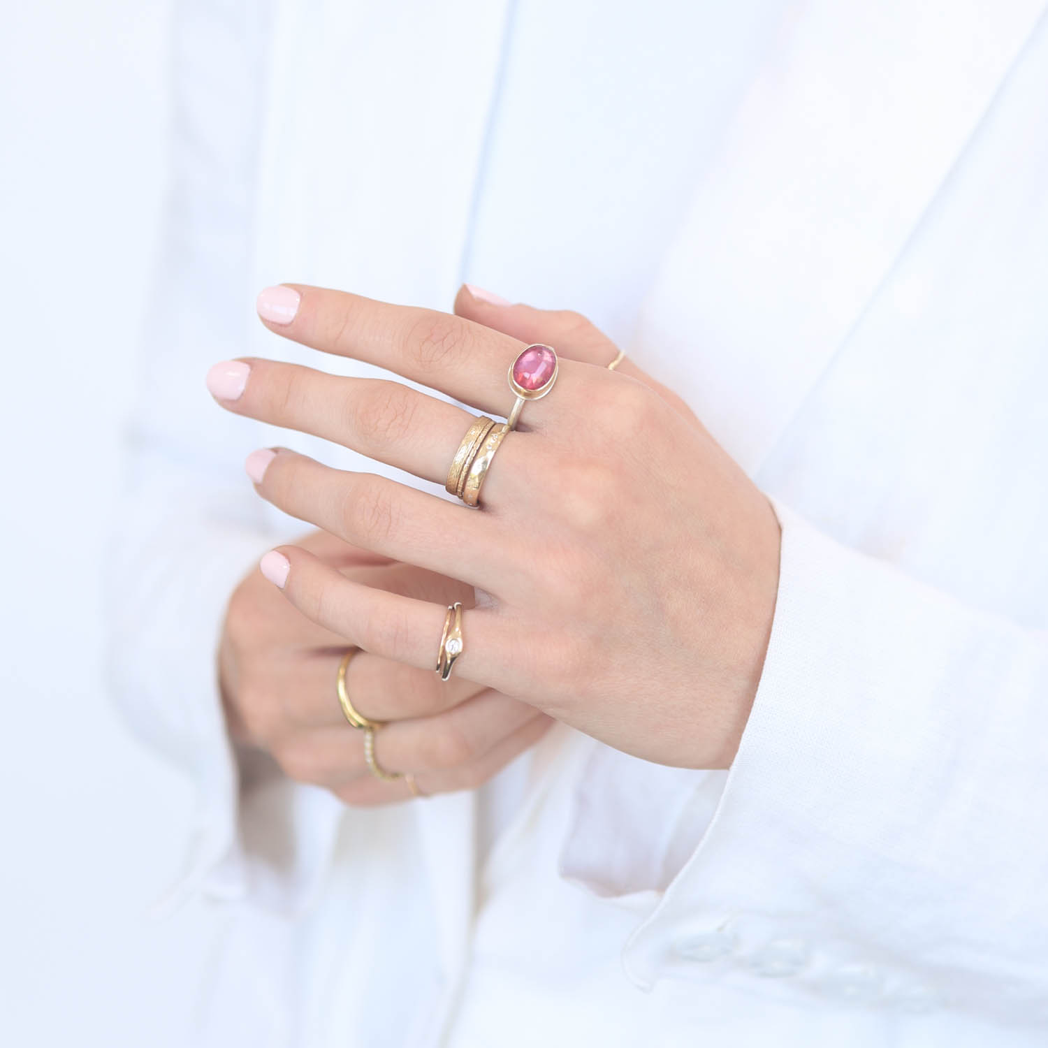 Jamie Joseph: Sterling & 14K Gold Ring, Tiny Oval Inverted AFRICAN RUBY, Thin J Band size 6.5 5/16" x 7/16"