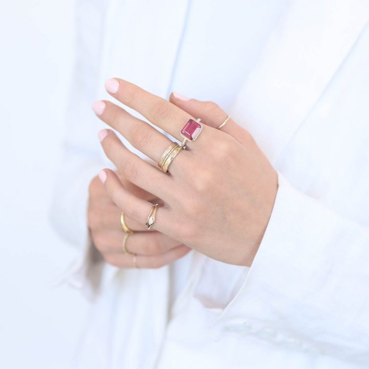 Jamie Joseph: Sterling & 14K Gold Ring, Small Rectangular Inverted AFRICAN RUBY on J Band size 6.25 3/8" x 7/16"