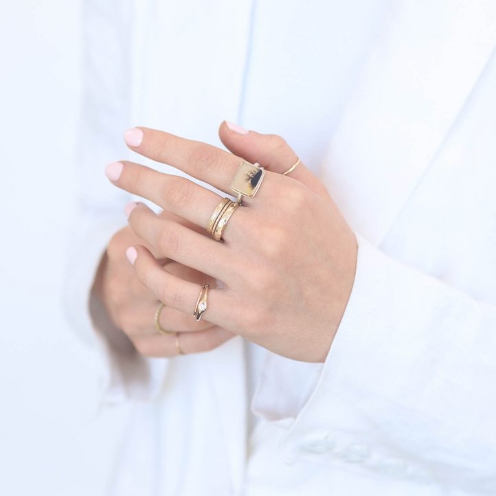 Jamie Joseph:  Sterling & 14K Gold Ring w/ Small Rectangular DENDRITIC AGATE on J Band 7/16" x 1/2" 6.5