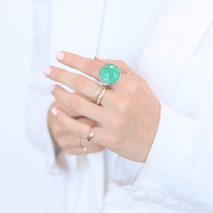 Jamie Joseph: Sterling & 14K Gold Ring,  Round Rose Cut GREEN ONYX,  Diamond .03ct, Live Edge Band size 7 3/4" diameter