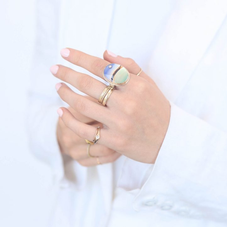 Jamie Joseph:Sterling & 14K Gold Ring w/ Vertical Oval LANDSCAPEAGATE & .03 ct Diamond on Live Edge Band,sz 7.25,15/16 x 11/16