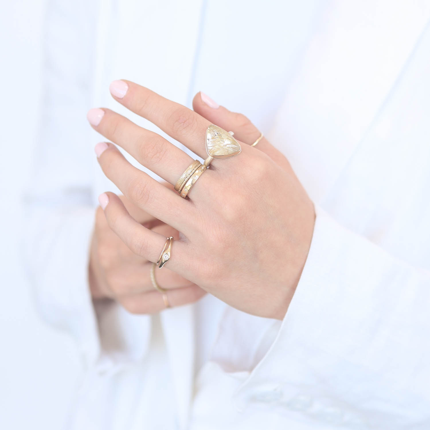 Jamie Joseph: Sterling & 14K Gold Ring, Vertical Asymmetrical Inverted GOLDEN RUTILATED QUARTZ on Middle Organic Band size 7.25 3/4" x 1/2"