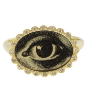 Anzu Fine: Petal Signet Ring, Eye, 14k YG w/ Silver Diamonds