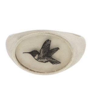 Anzu: Basic Ring- Sterling Silver, Small Oval Signet Ring, Hummingbird Motif