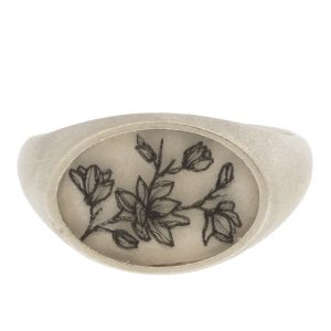 Anzu: Basic Ring- Sterling Silver, Small Oval Signet Ring, Magnolia Motif