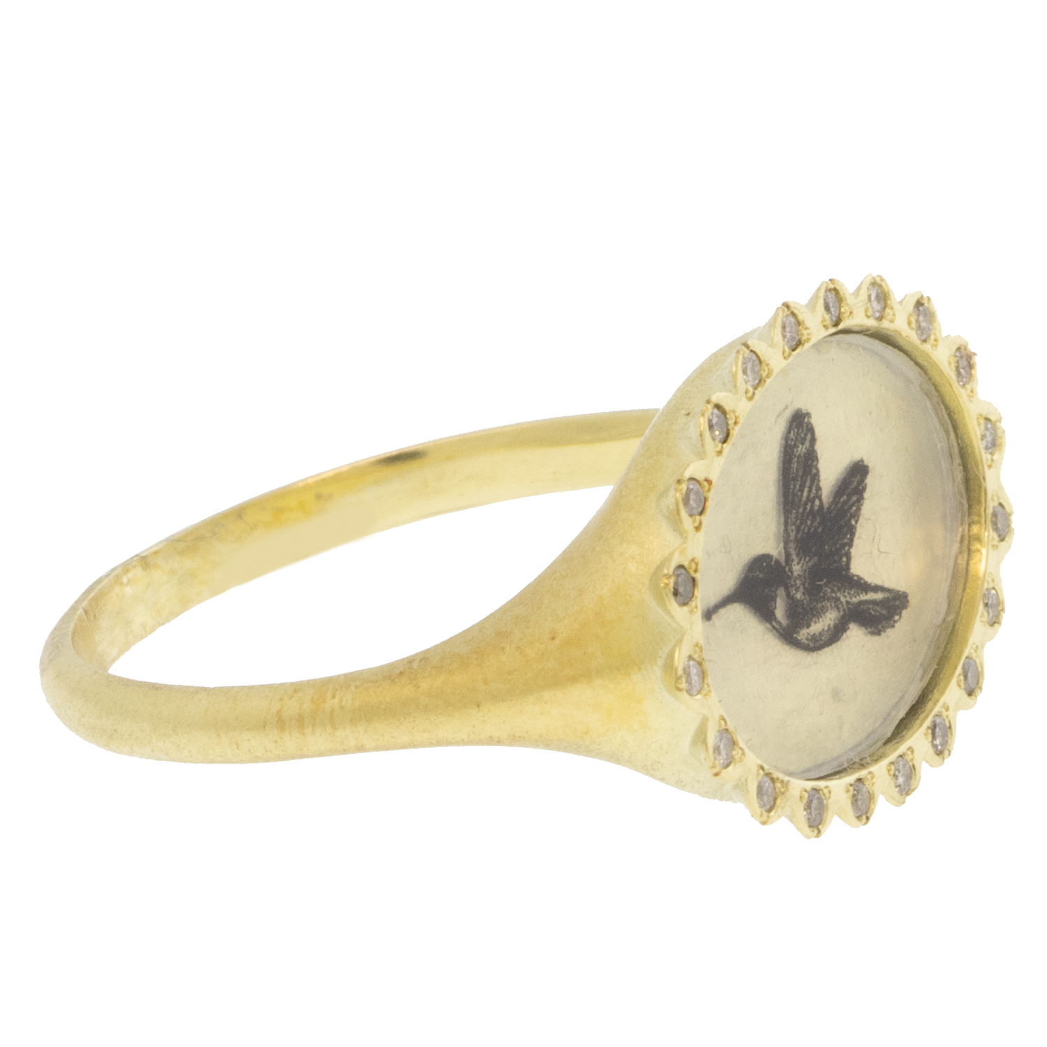 Anzu Fine: Petal Signet Ring, Hummingbird, 14k YG w/ Silver Diamonds