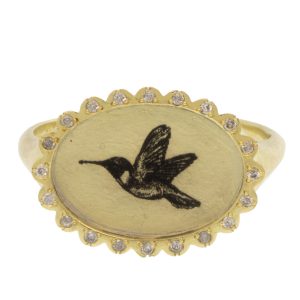 Anzu Fine: Petal Signet Ring, Hummingbird, 14k YG w/ Silver Diamonds