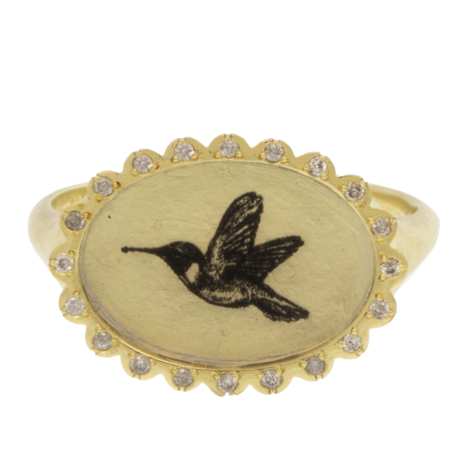 Anzu Fine: Petal Signet Ring, Hummingbird, 14k YG w/ Silver Diamonds