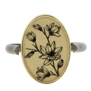 Anzu Fine: Flip Ring, Magnolia & Hummingbird, 14k YG, Ox SS