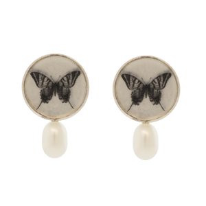 Anzu: Pearl Studs, Sterling Silver, Round Setting, Butterfly Motif, Pearl