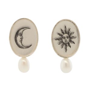 Anzu: Pearl Studs, Sterling Silver, Oval Setting, Celestial Motif