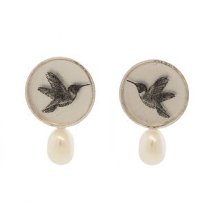Anzu: Pearl Studs, Sterling Silver, Round Setting, Hummingbird Motif