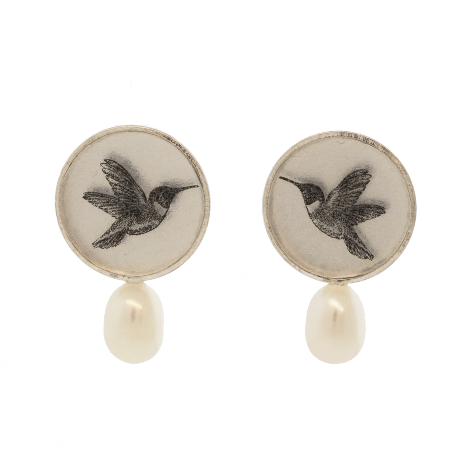 Anzu: Pearl Studs, Sterling Silver, Round Setting, Hummingbird Motif