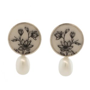Anzu: Pearl Studs, Sterling Silver, Round Setting, Magnolia Motif