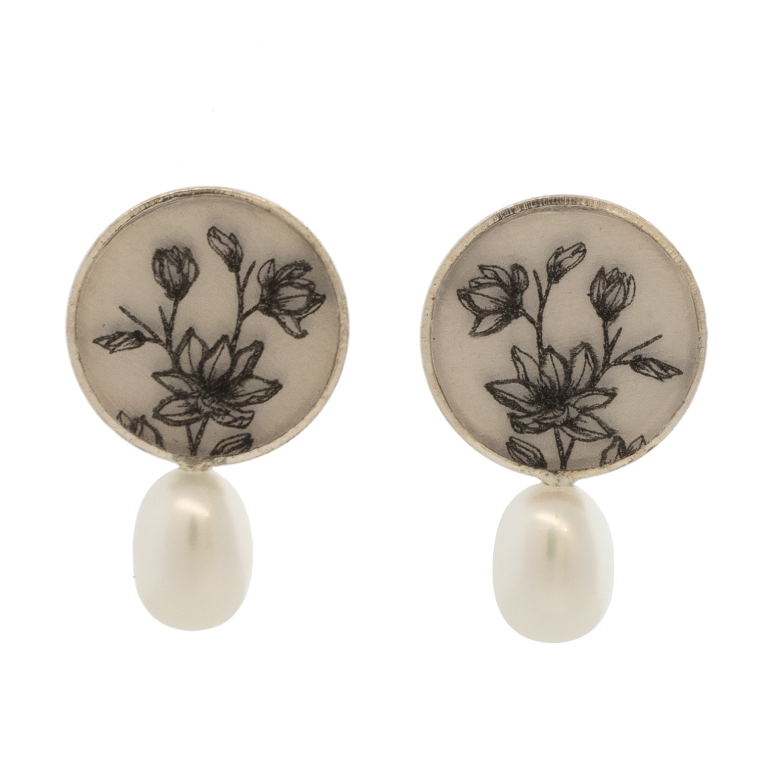Anzu: Pearl Studs, Sterling Silver, Round Setting, Magnolia Motif