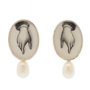 Anzu: Pearl Studs, Sterling Silver, Oval Setting, Hand Motif