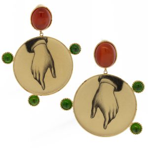 Anzu: Dot Earrings, Gold Vermeil, Hand Motif, Carnelian and Tsavorite