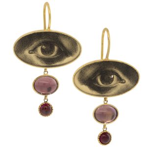 Anzu: Short Drop Earhangers, Gold Vermeil, Lover's Eye Motif, Rhodolite and Peridot