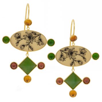 Anzu: Balance Earhangers, Gold Vermeil, Magnolia Motif, Citrine, Garnet, Peridot, and Jade