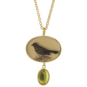 Anzu: Droplet Necklace, Gold Vermeil, Oval Songbird Motif, Peridot