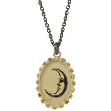 Anzu Fine: Petal Necklace, Moon, 14k, Diamonds, Ox SS Chain