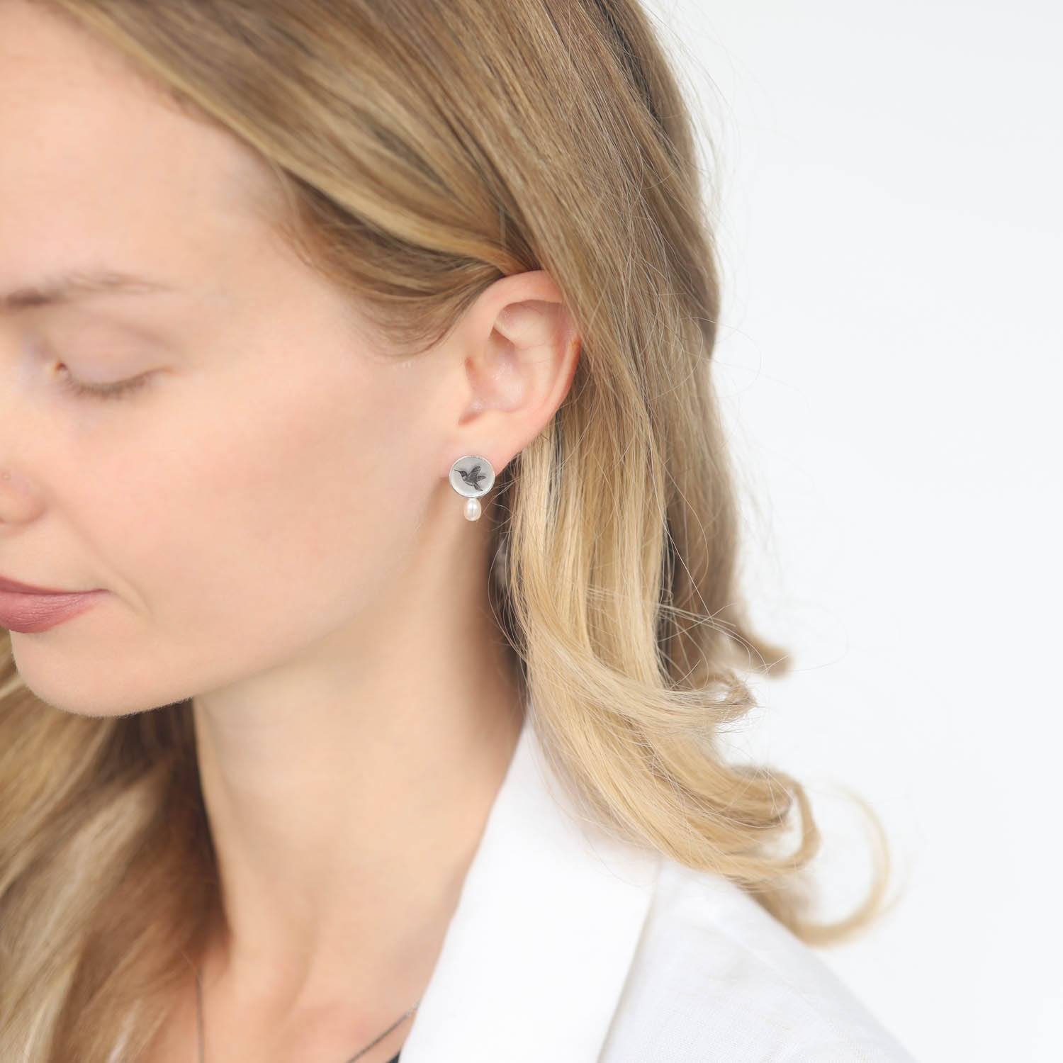 Anzu: Pearl Studs, Sterling Silver, Round Setting, Hummingbird Motif