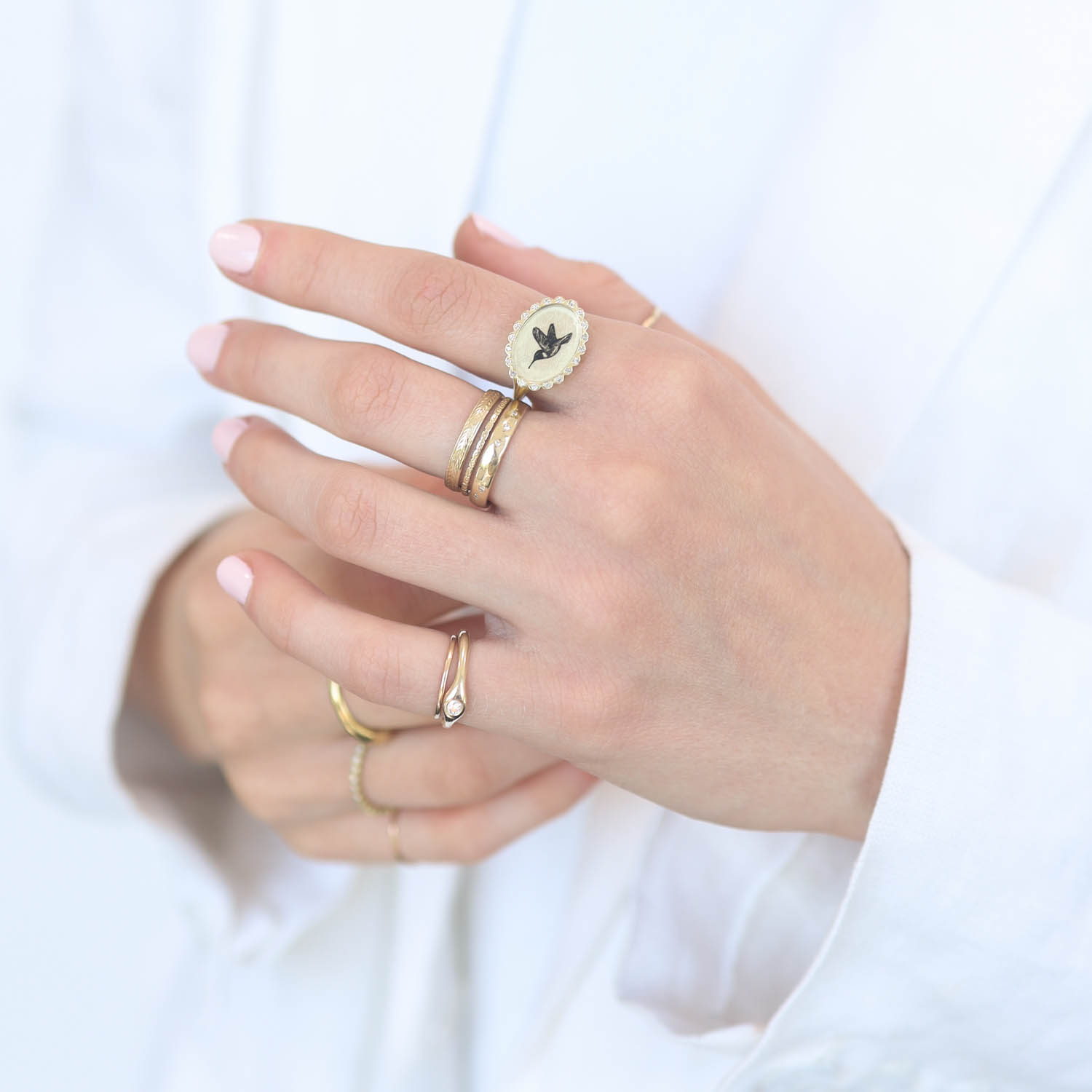 Anzu Fine: Petal Signet Ring, Hummingbird, 14k YG w/ Silver Diamonds