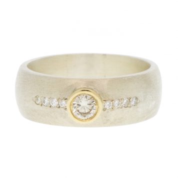 925SUNEERA: Band, Satin Finish Sterling Silver w/ Champagne Diamonds Center, .12cts White Diamonds .08ct, 14k Yellow Gold Bezel, Size 7 (memo)