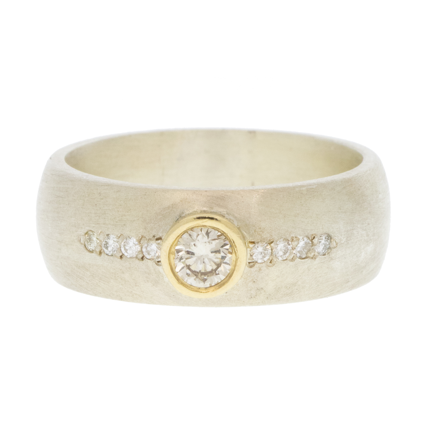 925SUNEERA: Band, Satin Finish Sterling Silver w/ Champagne Diamonds Center, .12cts White Diamonds .08ct, 14k Yellow Gold Bezel, Size 7 (memo)