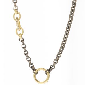 925SUNEERA: Open Rolo Two Tone Chain ,Plus round charm holder DONNA LOCK, Black Rhodium Finish Sterling Silver, 14k Yellow Gold, White Diamond, .16cts, 18"/DONNA LOCK PRICE $600 if sold separately