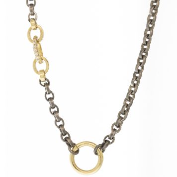 925SUNEERA: Open Rolo Two Tone Chain ,Plus round charm holder DONNA LOCK, Black Rhodium Finish Sterling Silver, 14k Yellow Gold, White Diamond, .16cts, 18"/DONNA LOCK PRICE $600 if sold separately