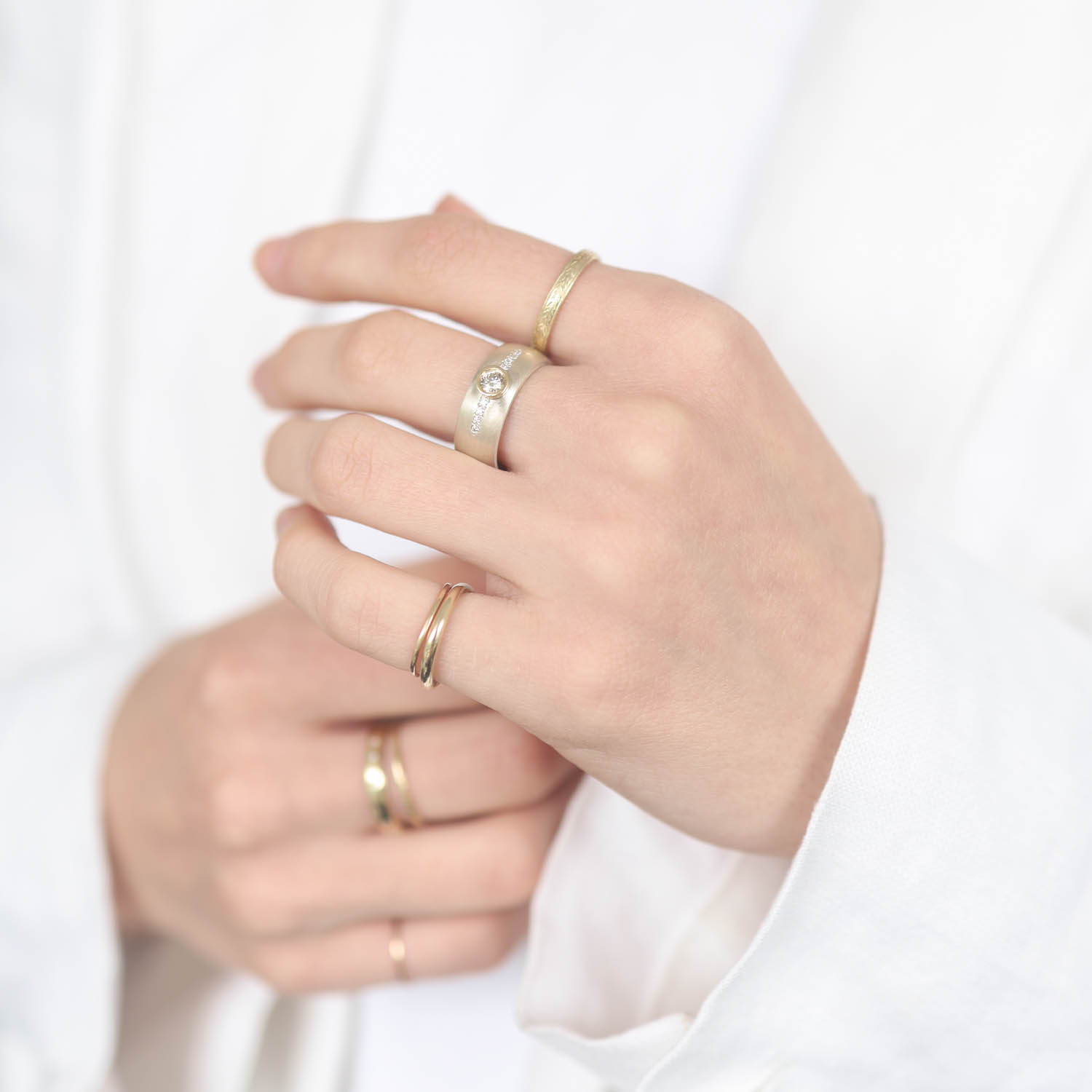 925SUNEERA: Band, Satin Finish Sterling Silver w/ Champagne Diamonds Center, .12cts White Diamonds .08ct, 14k Yellow Gold Bezel, Size 7 (memo)