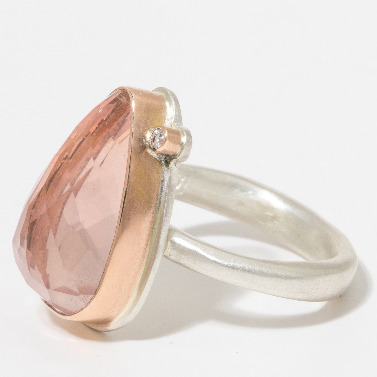 Jamie Joseph:Sterling & 14K Rose Gold Ring w/ Smooth Pearshaped ROSE QUARTZ & .025 Pt Satellite Diamond on Egyptian Band,sz 7,3/4 x 7/16