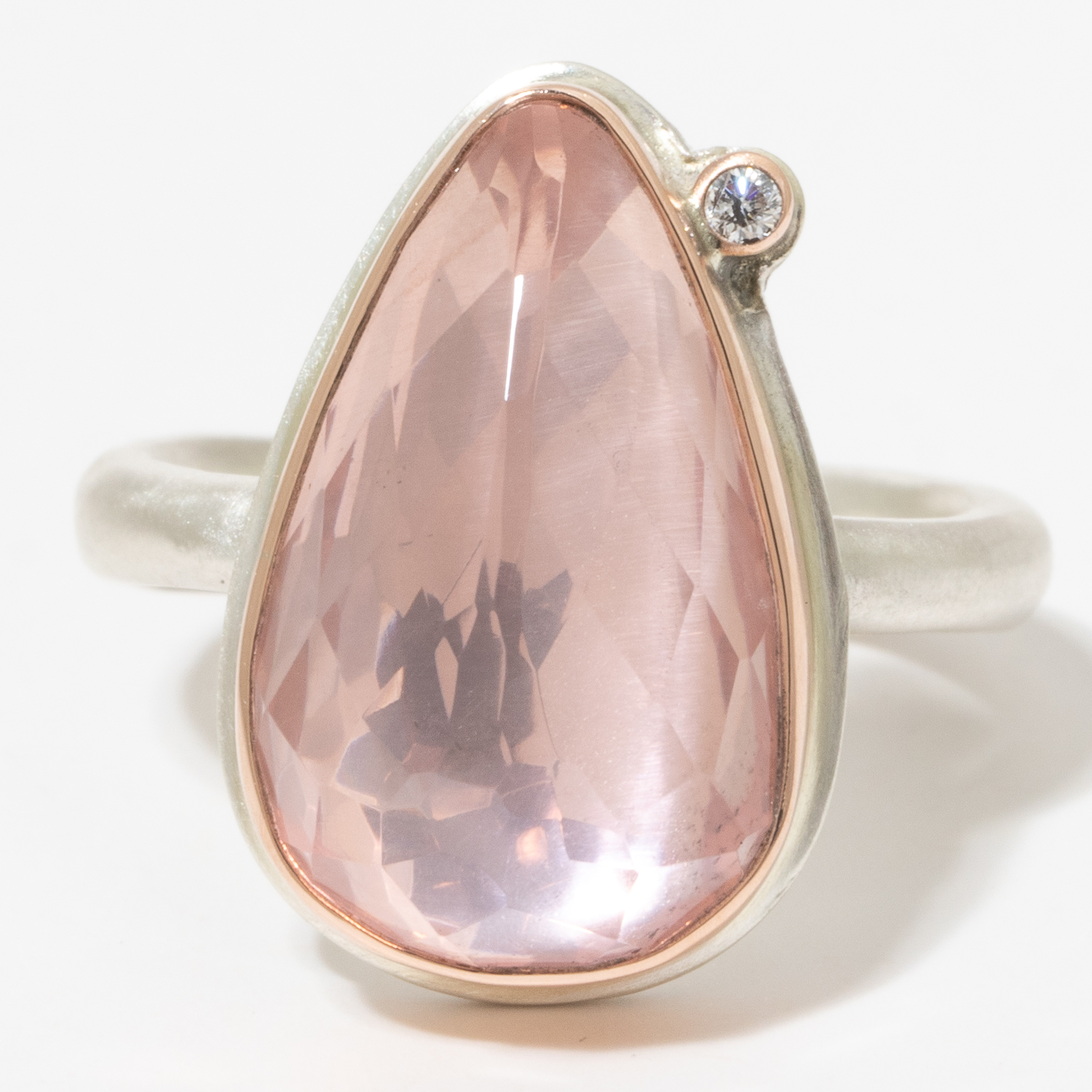 Jamie Joseph:Sterling & 14K Rose Gold Ring w/ Smooth Pearshaped ROSE QUARTZ & .025 Pt Satellite Diamond on Egyptian Band,sz 7,3/4 x 7/16