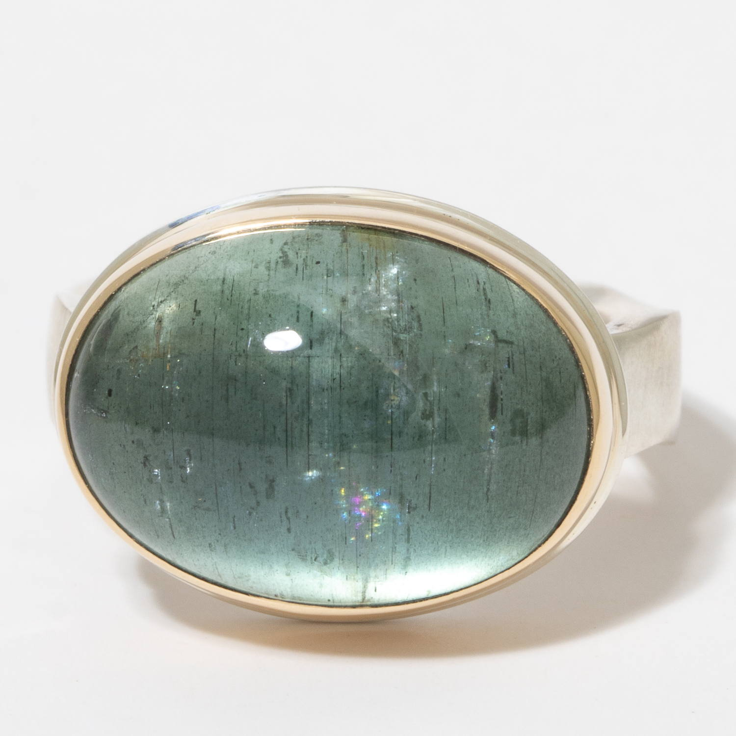 Jamie Joseph:Sterling & 14K Gold Ring w/ Smooth Oval MOSSAQUAMARNE on Live Edge Band,sz 7.5,1/2 x 11/16