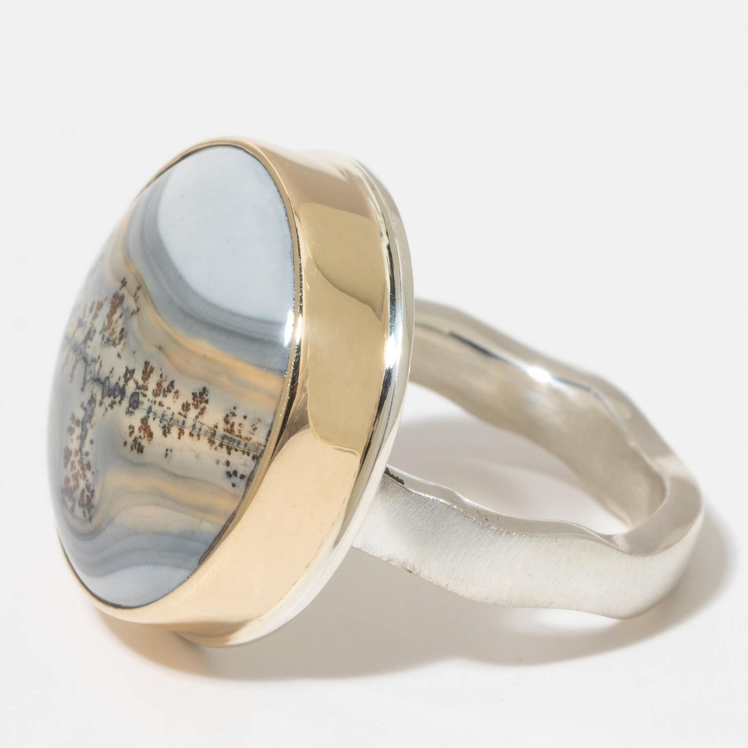 Jamie Joseph:Sterling & 14K Gold Ring w/ Round MALIGANO JASPER on Soft Live Edge Band,sz 7,3/4 diam